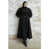 InStyle Diana Balloon Sleeve Belted Stamp Coat - Black