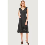 armonika Women's Smoky Waist And Shoulder Elastic Skirt Lined Double Breasted Neck Midi Length Dress