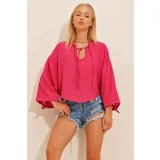 Trend Alaçatı Stili Women's Fuchsia Classic Collar Balloon Sleeve Linen Blouse