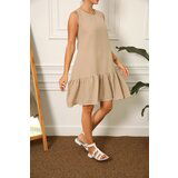 armonika Women's Beige Linen Look Textured Sleeveless Dress with Frill Skirt Cene