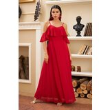 Carmen Red Evening Dress with Low Sleeves and Straps Cene