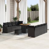 vidaXL 11-delni vrtni sofa set z blazinami Črn Poli ratan akacija, 2-sedežni vrtni sofa z shrambo in blazinami Črn Poli ratan, 3-delni vrtni jedilni set z blazinami Črn Poli ratan akacija | Shoptok.si