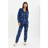 Trendyol Navy Blue Moon Pattern Knitted Pajamas Set Cene