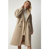  Women's Beige Double Breasted Collar Oversized Cachet Coat Cene