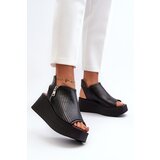 Zazoo 1792 Leather Cutout Wedge Sandals Black | Shoptok.si