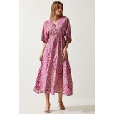 Happiness İstanbul Women's Pink Gray Wrapover Neck Patterned Summer Viscose Dress Cene