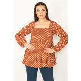 Şans Women's Plus Size Camel Bust Gipe Laced Pointed Patterned Blouse