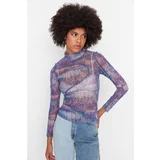 Trendyol Purple Patterned Stand Up Collar Tulle Knitted Blouse