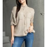 Gemre Women's dark beige short-sleeve sweater with decorative buttons Shela | Shoptok.si
