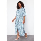 Trendyol Curve White-Blue Shally Woven Plus Size Dress Cene