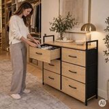 ModernHome GIC-C105-19 – Komoda s 6 platnenimi predali, kovinska konstrukcija, 87 × 24 × 80 cm, hrast/črna | Shoptok.si