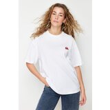 Trendyol white 100% cotton embroidered oversize/wide fit crew neck knitted t-shirt Cene