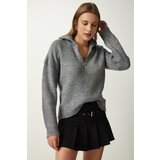 Happiness İstanbul Women's Gray Zippered Collar Knitwear Sweater Cene