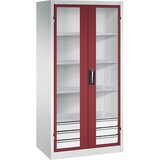 C+P Omara s krilnimi vrati z akrilnim steklom, VxŠxG 1950 x 930 x 600 mm, 4 police, 3 predali, svetlo sive / rubinasto rdeče barve | Shoptok.si