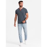 Ombre Men's T-shirt with unbuttoned round henley neckline - navy blue | Shoptok.si