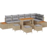 vidaXL 10 delni vrtni kavč set z blazinami Bež Poli ratan Acacia | Shoptok.si