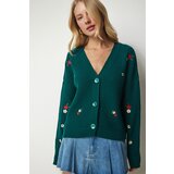 Happiness İstanbul Women's Emerald Green Floral Embroidered Button Knitwear Cardigan Cene