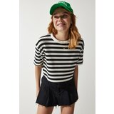 Happiness İstanbul women's black crew neck striped crop knitted t-shirt Cene