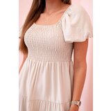 Kesi Włoski Women's viscose dress with puffed sleeves and a ruffled top beige | shoptok.hr
