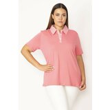 Şans Women's Plus Size Pink Cotton Fabric Polo Neck Front Pat Buttoned Blouse Cene