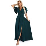 Numoco 581-8 JENNIFER long dress with a leg slit, sleeves and a neckline - bottle green | shoptok.hr