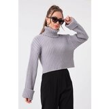 Lafaba Women's Gray Wide Ribbed Turtleneck Knitwear Crop Sweater Cene