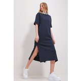 Trend Alaçatı Stili Women's Navy Blue Crew Neck Double Sleeve Slit Dress Cene