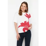 Trendyol White 100% Cotton Flower Printed Relaxed Knitted T-Shirt