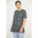 Şans Women's Plus Size Smoky Sequin And Stone Embroidered Crew Neck Blouse Cene