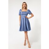 Lafaba Women's Indigo Balloon Sleeve Flared Cut Midi Satin Evening Dress | Shoptok.si