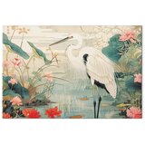  Slika - By an Asian pond - an illustration in the style of a Japanese engraving depicting a heron 120x80 Na talijanskom platnu | shoptok.hr