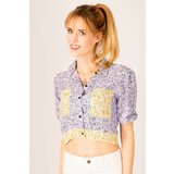 armonika Women's Lilac Crop Shirt with Elastic Sleeves, Pocket, Back Detail Cene