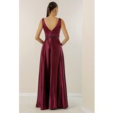 By Saygı V-Neck Thick Strap Waist Beaded Lined Wide Size Long Satin Dress | Shoptok.si