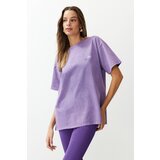 Trendyol Lilac Oversize/Large Wash Motto and Back Printed 100% Cotton Knitted T-Shirt cene
