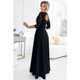 Numoco AMBER Elegant Lace Long Dress with Neckline and Slit on Legs - Black | Shoptok.si