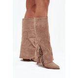 Boto Ladies Slip-On Cowboy Boots With Heel And Fringes Beige Zalia | Shoptok.si