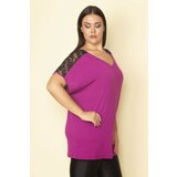 Şans Women's Plus Size Fuchsia Viscose Blouse with Lace Detail on the Shoulders and V-Neck Cene