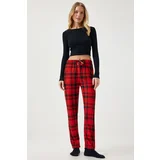  Women's Red Patterned Soft Textured Knitted Pajamas Bottoms