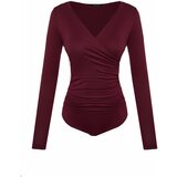 Trendyol Claret Red Fitted/Sticky Viscose Pleated V-Neck Flexible Knitted Bodysuit Cene