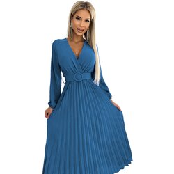Numoco Pleated midi dress with a neckline, long sleeves and a wide belt Cene