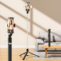 Selfie štap s teleskopskim stativom, daljinskim upravljačem i svjetlom R1S - L - 1,7 m - Crna KP38018 Cene