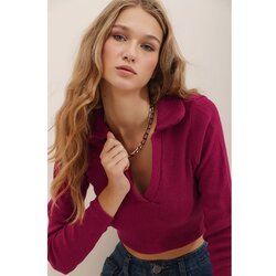 Trend Alaçatı Stili Women's Burgundy Polo Neck Ribbed Soft Textured Crop Blouse Cijene