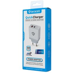 TERACELL EVOLUTION kućni punjač TC-04, qc pd, usb-pd 18W+18W, 36W (total) sa lightning kablom beli Cene