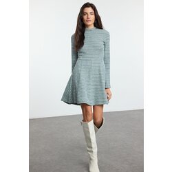 Trendyol Green Tweed Crew Neck Skater/Waist Open Flounce Mini Knit Dress Cene