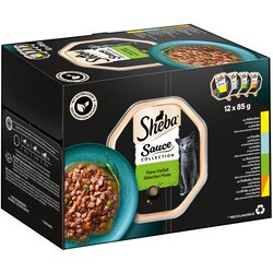 Sheba Varčno pakiranje različice pladnji 144 x 85 g - Sauce Collection (kunec in zelenjava; postrv in zelišča; piščanec; puran in piščanec ter zelenjava) Cene