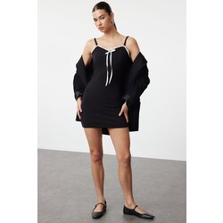 Trendyol Black Color Block Bow Detailed Bodycone/Fitting Mini Knitted Dress Cene