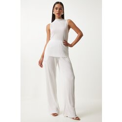 Happiness İstanbul Women's White Pleated Sleeveless Knitted Blouse Palazzo Pants Set Cijene