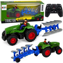 Rc Tractor with Plow and Farmer Remote Controlled Lights Green 1:24 Cene