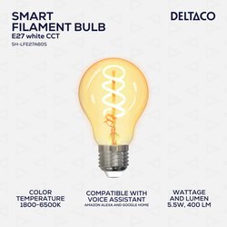 Deltaco SMART HOME Spiralna LED filament žarnica, E27, WiFI 2.4GHz, 5.5W, 470lm, 1800K-6500K,220-240 Cene