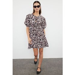 Trendyol Brown Leopard Patterned A-Line Mini Woven Dress with Bow Detail Cene